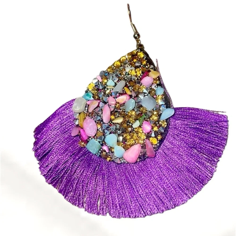 NWT Anthropologie Tassel Earrings Purple Fringe Multicolor Stone Crystals NEW